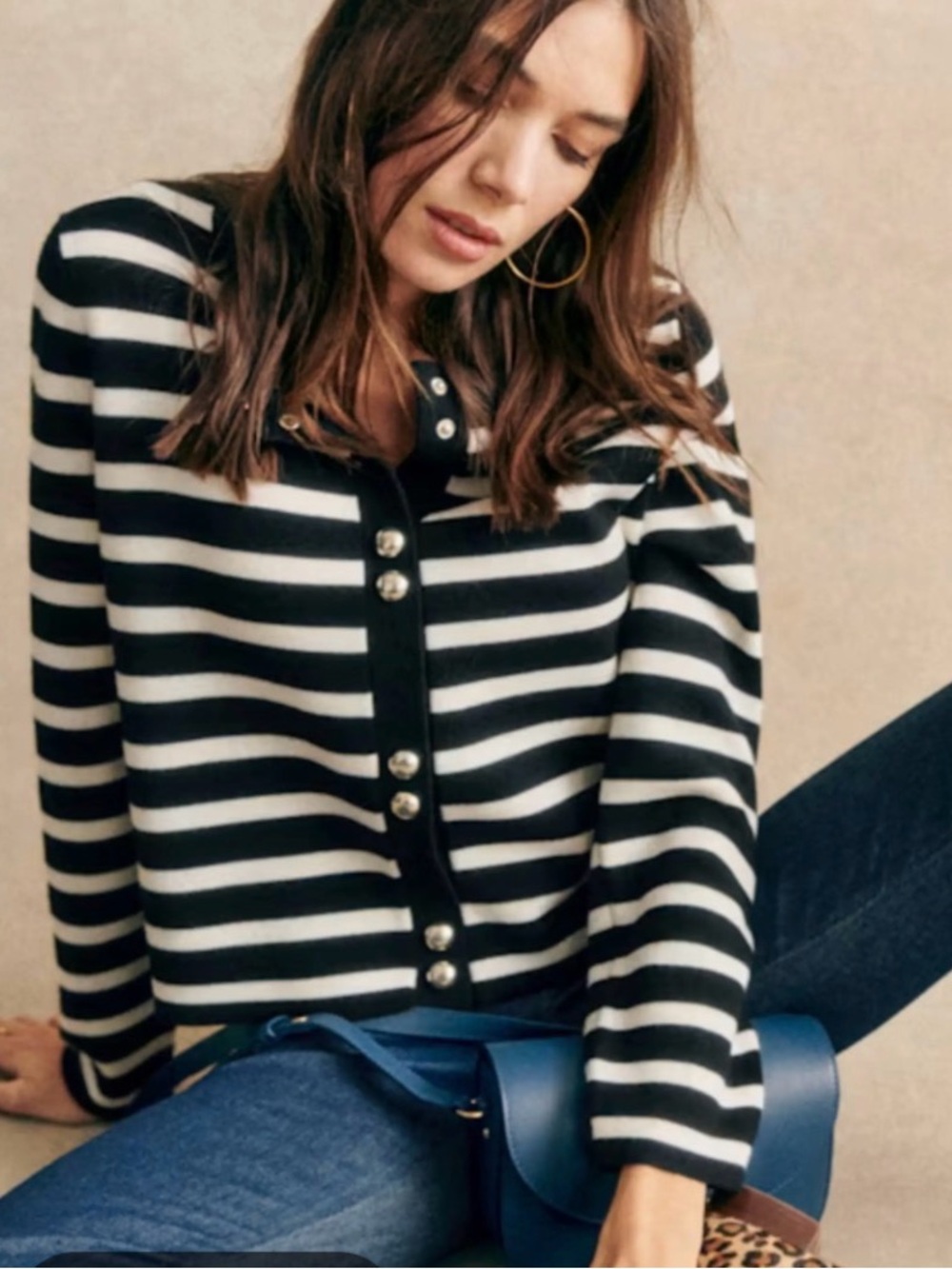 Sezane Agathe Cardigan Striped Black and White Button-Front XS